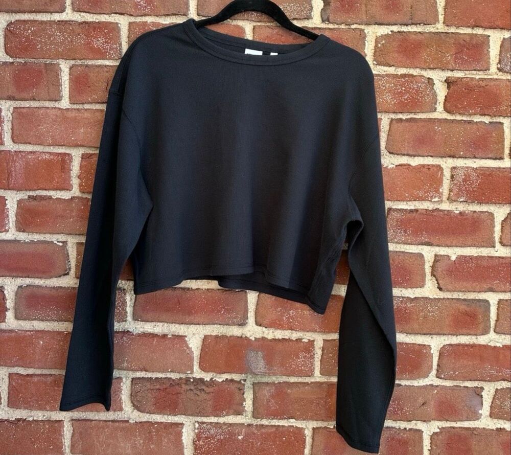 Aritzia Sunday Best Baby Waffle Knit Long Sleeve Top Black Large NEW